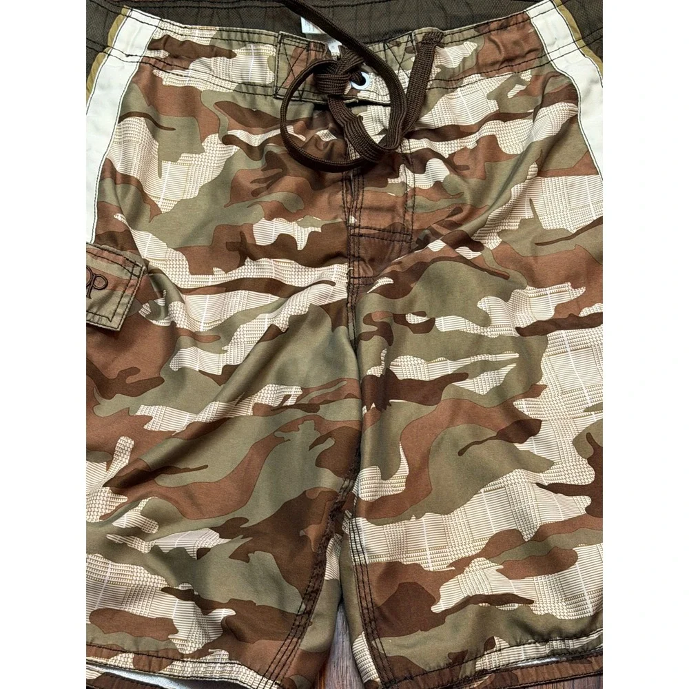 OP‎ Ocean Pacific Mens Camo Board Shorts Brown Tan White Stripe Swim Trunks  M